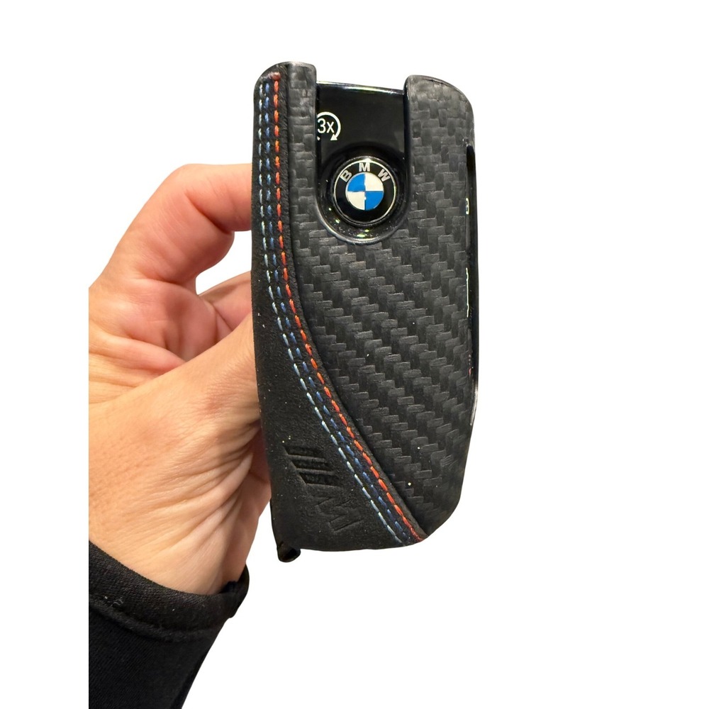 BMW M Performance CarbonFiber Key Fob Case Cover Black Suede Tri-Color Stitching